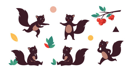 A collection of adorable cartoon squirrels in various playful poses and natural elements like leaves and berries dotting the background.