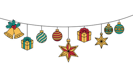 A festive and vibrant garland featuring various Christmas ornaments and decorations is suspended on a dotted string.