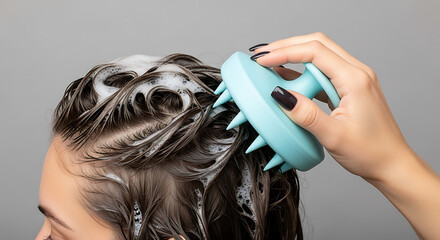 Naklejka premium Woman Washing Hair with Shampoo and Comb