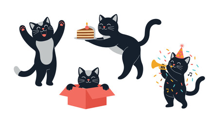 Whimsical black cats celebrating a special occasion with a cake and music.