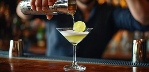A bartender skillfully pours a vibrant cocktail into a stylish glass, garnished with a lime slice, showcasing a lively bar atmosphere.