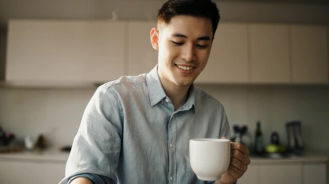 An Asian man enjoying a cup of coffee at home, with a subtle smile, embodying morning peace