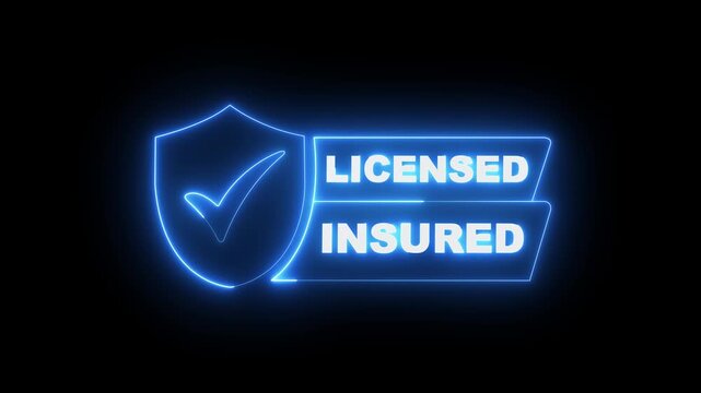 glowing neon Licensed insured shield with check mark icon. licensed icon animation. Licensed insured Badge with Shield and Check mark icon, Featuring Text, Symbolizing Licensed Quality.