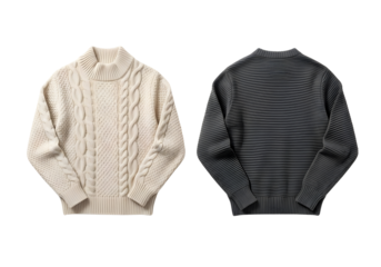 Two knitted sweaters one cream and one charcoal isolated on transparent background
