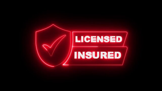 glowing neon Licensed insured shield with check mark icon. licensed icon animation. Licensed insured Badge with Shield and Check mark icon, Featuring Text, Symbolizing Licensed Quality.