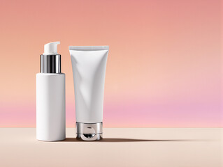 Flat lay cosmetic pump bottle and tube mockup sunset gradient background with vibrant colors