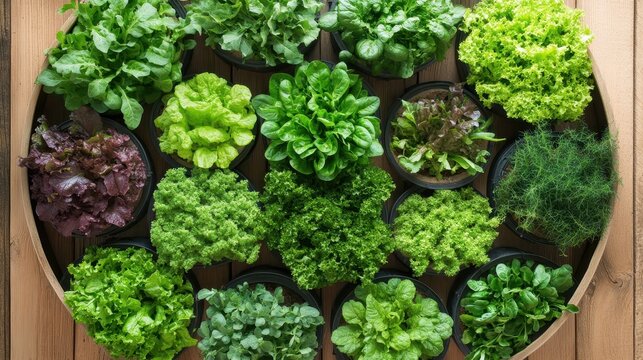 Assortment of fresh leafy greens growing in pots arranged on a wooden surface, showcasing diverse textures and shades of green and red.