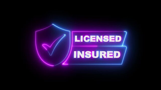 glowing neon Licensed insured shield with check mark icon. licensed icon animation. Licensed insured Badge with Shield and Check mark icon, Featuring Text, Symbolizing Licensed Quality.