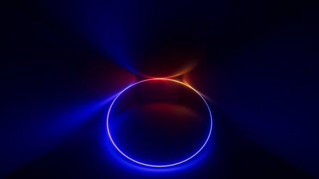 looping 3d animation. Abstract futuristic background. Perspective view of glowing ring, changing colors from blue to red inside the dark room. Animated ultraviolet wallpaper