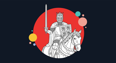 An illustration of a king on a horse holding a sword with colorful circles around him.