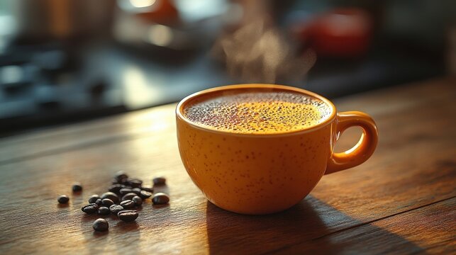 A warm, orange mug of steaming coffee sits on a wooden surface, with beans scattered nearby