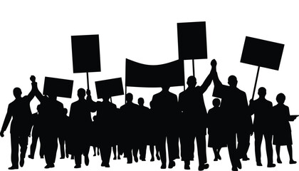 Crowd protesting for human rights with signs and raised fists silhouette