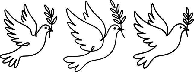 Elegant Peace Dove Outline Illustration Set with Olive Branch in Minimal Line Art Styl