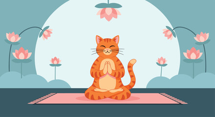A cute orange tabby cat meditating peacefully on a yoga mat surrounded by lotus flowers.