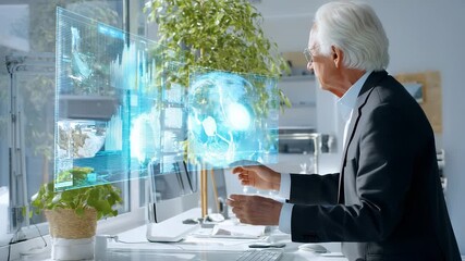 businessman office project with data hologram. man analyzing futuristic technology innovation. office filled with hologram data visuals. man works on project using virtual technology hologram - Powered by Adobe