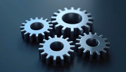 Metallic gears over dark surface. Engineering concept shows structure visual simplicity, dependability. Gears for machine, workflow, teamwork, industry automation, manufacturing, innovation,