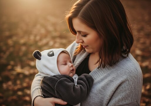 Loving mother holding sleeping baby in adorable panda outfit enjoying golden hour light outdoors this fall season, perfect for family content - Powered by Adobe