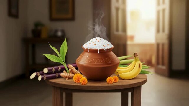 video of traditional pongal festival celebration with pot of rice, sugarcane, banana, and turmeric on a wooden table, symbolizing prosperity and harvest