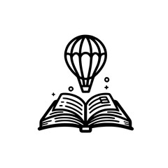Book with hot air balloon icon representing education exploration and intellectual freedom theme