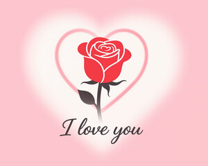 Vector illustration of a red rose with a heart-shaped center, surrounded by a heart shape and I love you text, perfect for Valentines Day.