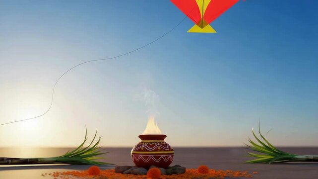video of celebrate makar sankranti festival with a vibrant kite flying high in the clear blue sky, symbolizing new beginnings and joyous celebrations