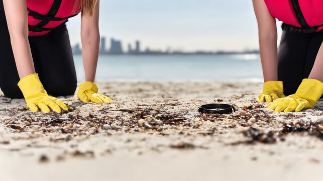 People wearing gloves cleaning the sandy shore during a beach cleanup. Natural lighting and clear copy space make it suitable for environmental campaigns and eco advertising