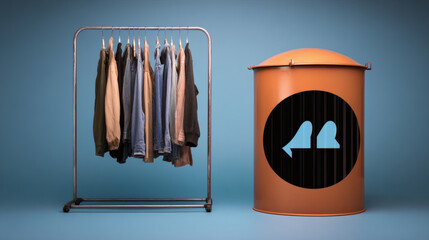  Minimal photo of a clothes donation bin symbolizing circular fashion and sustainability. Clean composition with soft lighting and generous space for text overlays