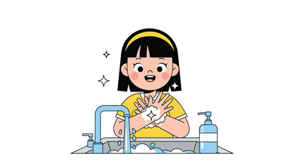 A happy girl washing her hands with soap and water in the sink with sparkles around her hands to show cleanliness.