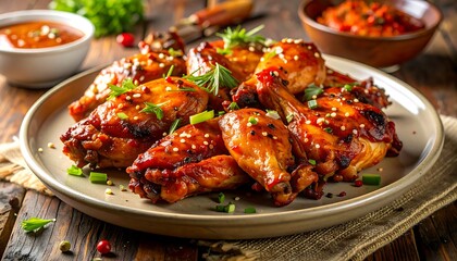 Delicious and Spicy Chicken Wings with Sesame Seeds and Herbs.