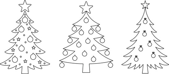 Cute Christmas Tree Outline Illustration Set with Stars, Ornaments and Festive Line Art