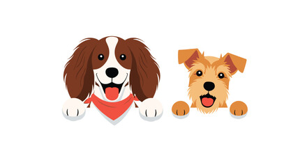 Two cute happy dogs peeking over a white surface with their paws visible.