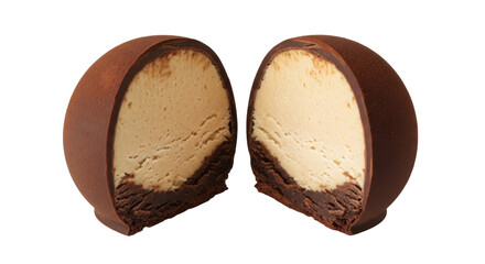 Isolated chocolate candies cut in half show creamy filling on a clean background for a food shoot