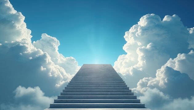 Staircase ascends towards bright sky with clouds. Steps lead upward into luminous atmosphere. Represents hope, progress, spiritual journey, divine ascent, and new beginnings.