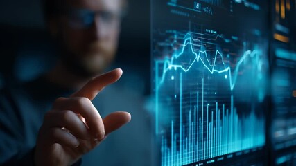Man touches transparent screen showing chart. Finger interacts with digital analytics interface. Business data trends on display. Finance metrics and graph visualization highlight digital analysis - Powered by Adobe