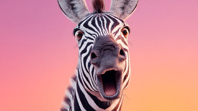 Surprised zebra with wide eyes and open mouth against colorful sky animal wildlife