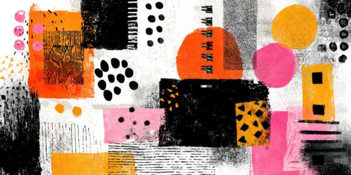 Abstract composition with layered shapes, textures, and a vibrant color palette, including black, pink, and orange