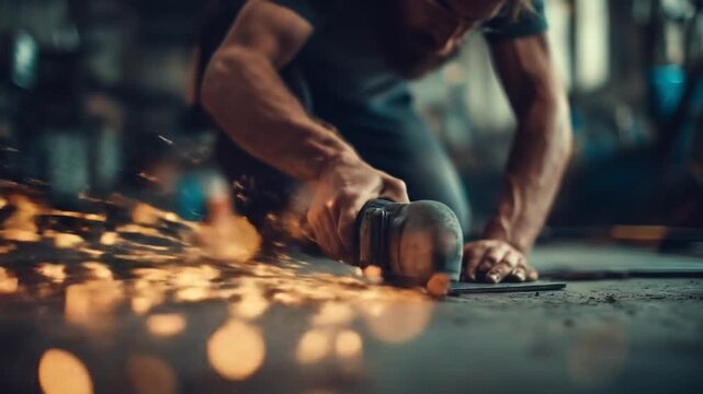 Artisan using power tool creating sparks in workshop setting