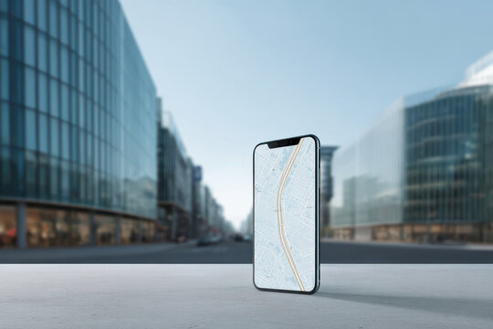 modern urban landscape is depicted with smartphone displaying ar map route featuring blurred white text bars