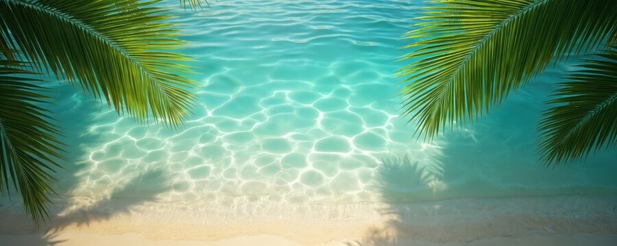 Clear turquoise ocean water laps onto a sandy beach with green palm fronds framing the scene. Sunlit patterns dance on the seabed beneath the gentle waves. Tropical paradise calm.