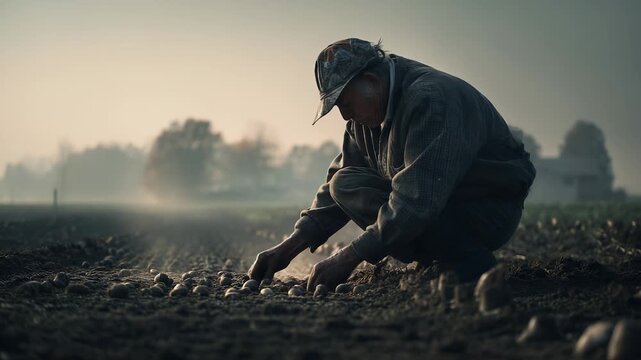Farmer planting seeds into soil at dawn on cold field. Hands press seeds deep into earth. Dawn frost covers ground. Farmer works soil for future crop. Planting ensures rich harvest of field crops.