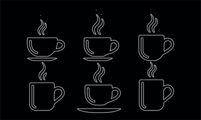 Minimal Line Art Coffee Cup Icons with Steam on Dark Background for Modern Cafes