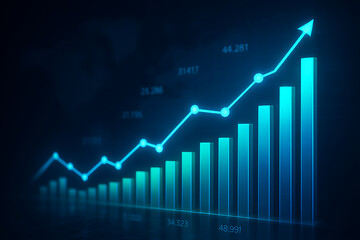 A 3d digital display of a glowing blue line chart rising over teal and blue bar graph columns against a dark background depicting financial data and a positive growth trajectory