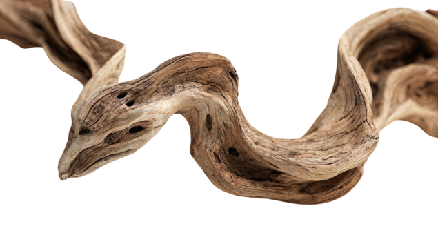 A close-up of a weathered, intricately shaped piece of driftwood against a stark black background