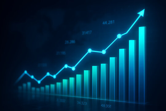 A 3d digital display of a glowing blue line chart rising over teal and blue bar graph columns against a dark background depicting financial data and a positive growth trajectory