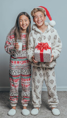 Happy Asian Children In Cozy Christmas Pajamas Holding A Gift And Glass Of Milk