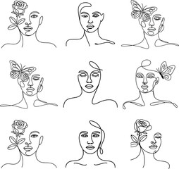 Modern One-Line Woman Faces with Floral and Butterfly Elements in Elegant Minimal Style