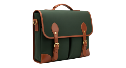 Isolated olive green briefcase or satchel, with brown leather trim and straps, for style and work