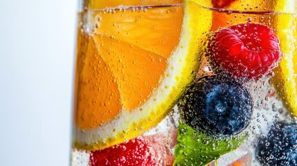 Close-up of a refreshing fruit infused beverage in a glass.  Slices of lemon and orange, raspberries, blueberries, and ice cubes are visible.  Bubbles from carbonation are throughout
