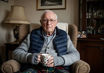 Thoughtful elderly gentleman with glasses holding a warm mug of tea while relaxing in a cozy armchair, conveying comfort and reflection