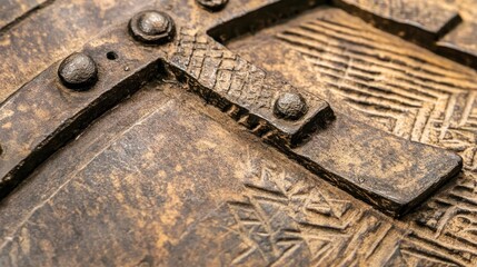 Close-up of a weathered, intricately carved, brown ceramic object, featuring decorative patterns and metal accents